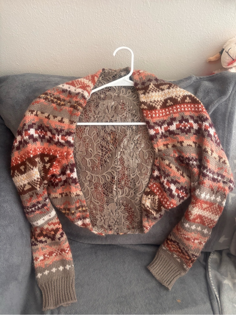 Free People Rust, Brown & Cream Fair Isle Crewneck open Sweater, Short S as new! - Picture 2 of 4